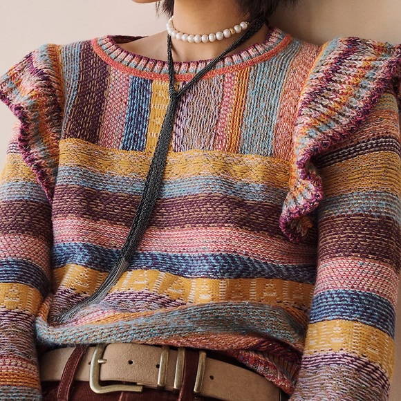 Pilcro Anthropology Ruffled Sweater Size XS Multi-Color Knit Boho Chic Ruffles - Picture 3 of 11